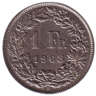 Монета 1 франк. 1968 (В) год, Швейцария. Гельвеция. Монета 1 франк. 1968 (В) год, Швейцария. Гельвеция.