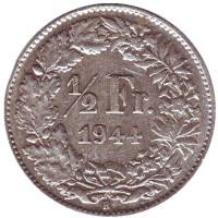 Монета 1/2 франка. 1944 год, Швейцария.