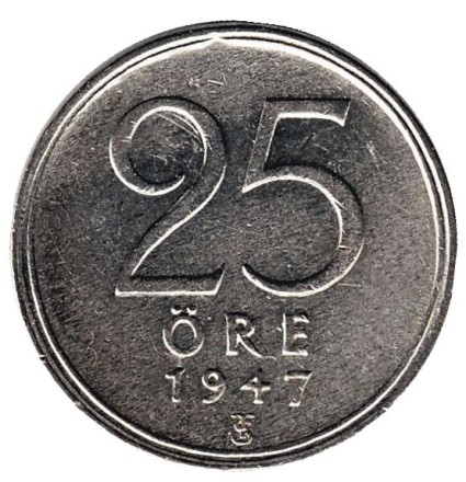 Монета 25 эре. 1947 год, Швеция. (Тонкая "7")