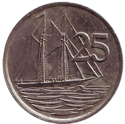 Монета 25 центов. 1977 год, Каймановы острова. Парусник.
