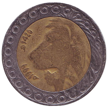 Монета 20 динаров. 1999 год, Алжир. Лев.