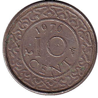 Монета 10 центов. 1976 год, Суринам.