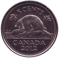 Бобр. Монета 5 центов, 2012 год, Канада.