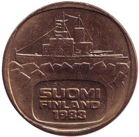 Ледокол Урхо. Монета 5 марок, 1983 год, Финляндия. Литера K. UNC.