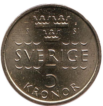 Монета 5 крон. 2016 год, Швеция. Новый дизайн. Король Карл XVI Густав.