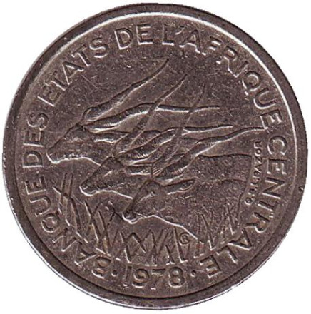 Монета 50 франков. 1978 год (D), Центральные Африканские штаты. Африканские антилопы. (Западные канны).
