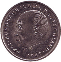 Конрад Аденауэр. Монета 2 марки. 1979 год (F), ФРГ. UNC.