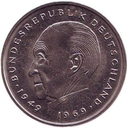 Монета 2 марки. 1979 год (F), ФРГ. UNC. Конрад Аденауэр.