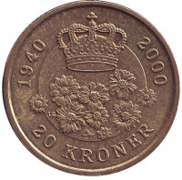 60 лет со дня рождения королевы Маргрете II. Монета 20 крон. 2000 год, Дания.