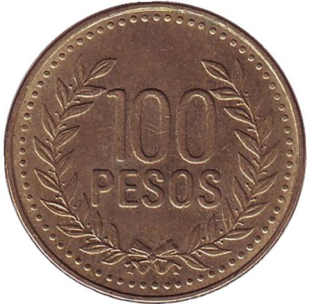 Монета 100 песо. 2010 год, Колумбия. Из обращения.