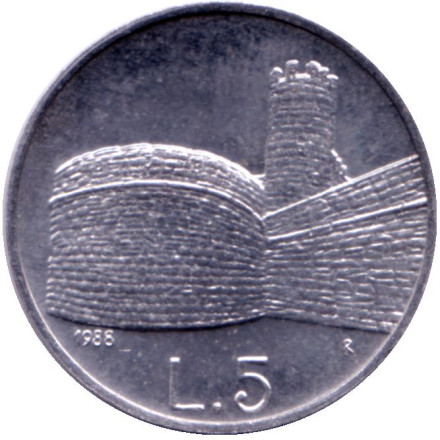 Монета 5 лир. 1988 год, Сан-Марино. Фортификация. Башня бойни.