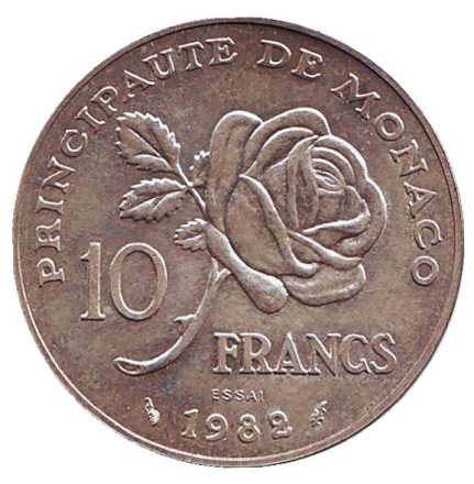 Монета 10 франков. 1982 год, Монако. (Серебро). Смерть принцессы Грейс Келли.