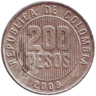Монета 200 песо. 2009 год, Колумбия. Монета 200 песо. 2009 год, Колумбия.