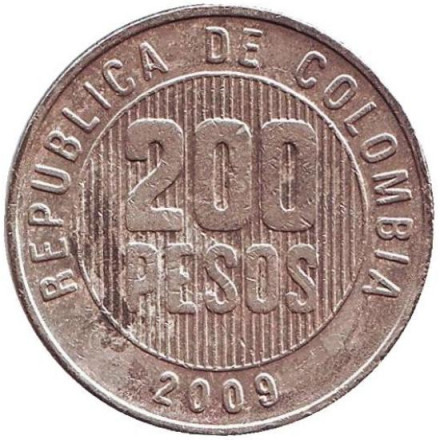 Монета 200 песо. 2009 год, Колумбия.
