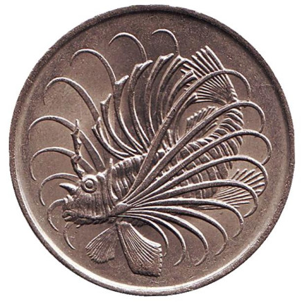 Монета 50 центов. 1971 год, Сингапур. Рыба-лев.