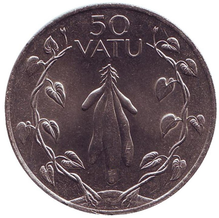 Монета 50 вату. 1990 год, Вануату. UNC. Батат (сладкий картофель) в венке из двух лоз.