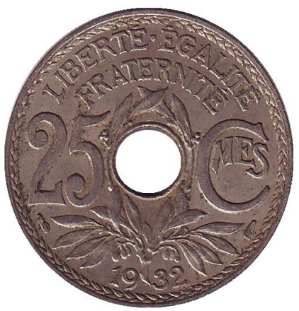Монета 25 сантимов. 1932 год, Франция.