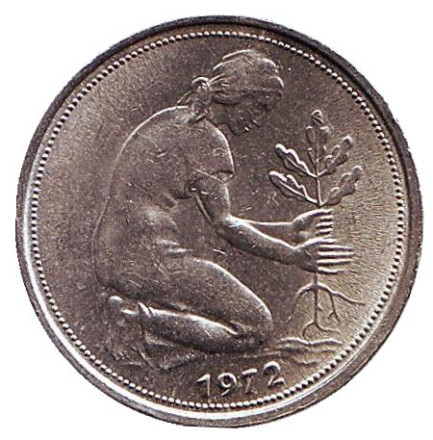 Монета 50 пфеннигов. 1972 (G) год, ФРГ. Женщина, сажающая дуб.