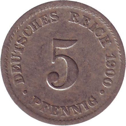 Монета 5 пфеннигов. 1900 год (D), Германская империя.