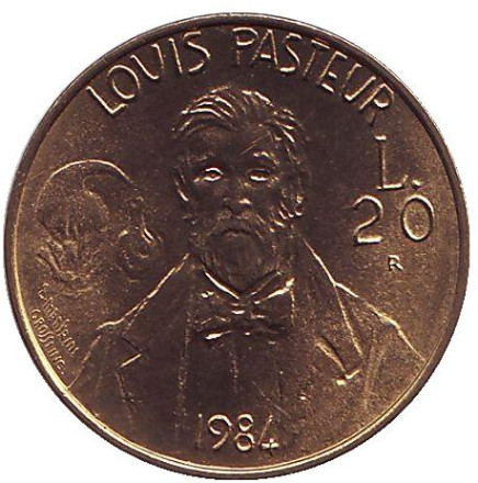 Монета 20 лир. 1984 год, Сан-Марино. Луи Пастер.