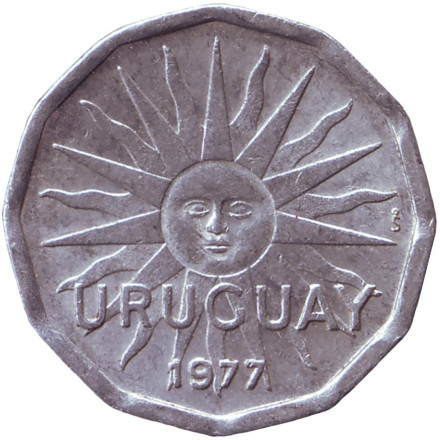 Монета 2 сентесимо. 1977 год, Уругвай.