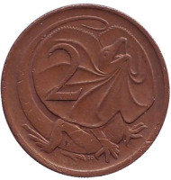 Монета 2 цента. 1974 год, Австралия. Плащеносная ящерица. Монета 2 цента. 1974 год, Австралия. Плащеносная ящерица.
