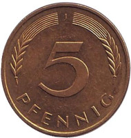 Дубовые листья. Монета 5 пфеннигов. 1993 год (J), ФРГ. 