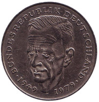 Курт Шумахер. Монета 2 марки. 1992 год (G), ФРГ. 