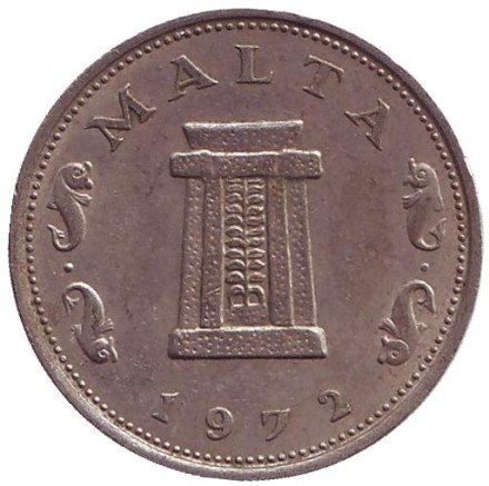 Монета 5 центов. 1972 год. Мальта. Ритуальный алтарь в храме Хагар Ким.