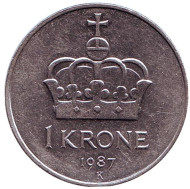 Монета 1 крона. 1987 год, Норвегия. Корона. Монета 1 крона. 1987 год, Норвегия. Корона.