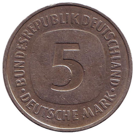 Монета 5 марок. 1975 год (G), ФРГ.