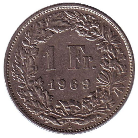 Монета 1 франк. 1969 (В) год, Швейцария. Гельвеция.