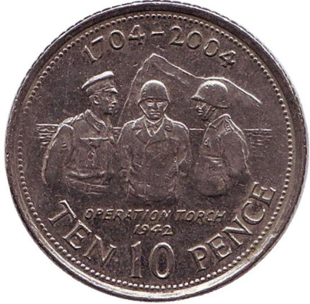 Монета 10 пенсов. 2004 год, Гибралтар. 300 лет захвату Гибралтара.