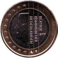 Монета 1 евро. 2010 год, Нидерланды.