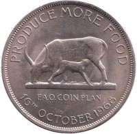 ФАО. Корова и телёнок. Монета 5 шиллингов. 1968 год, Уганда.
