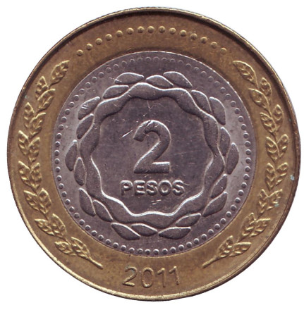 Монета 2 песо. 2011 год, Аргентина. Из обращения.