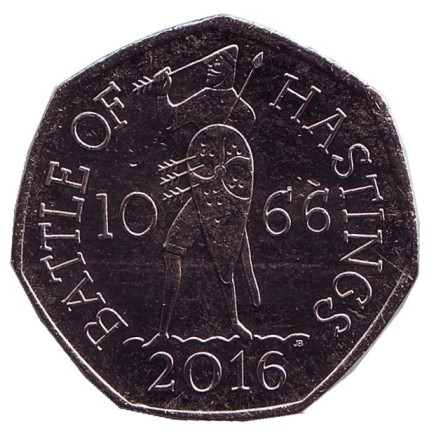 Монета 50 пенсов. 2016 год, Великобритания. 950 лет Битве при Гастингсе.