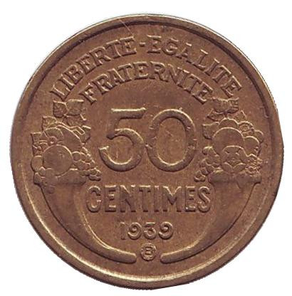 Монета 50 сантимов. 1939 год, Франция. (Отметка: "B" - Брюссель)