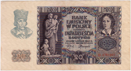 Банкнота 20 злотых. 1940 год, Польша.