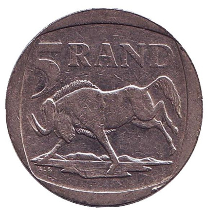 Монета 5 рандов. 2000 год, ЮАР. (Старый тип). Антилопа гну.