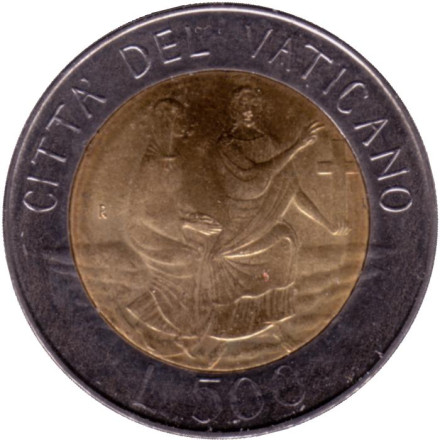 Монета 500 лир. 1986 год, Ватикан. Иисус и Мария.
