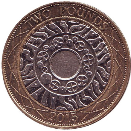 Монета 2 фунта. 2015 год, Великобритания. Старый тип.