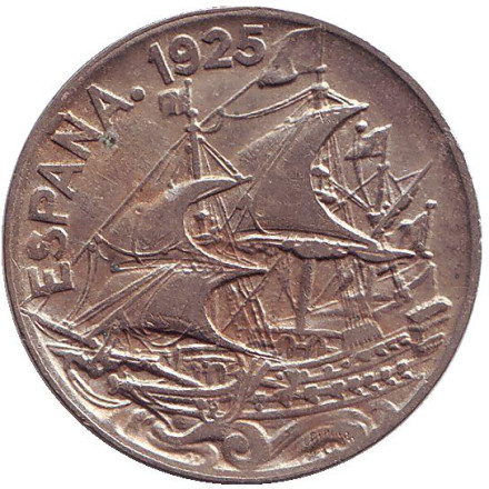 Монета 25 сантимов, 1925 год, Испания. Парусник.