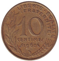 Монета 10 сантимов. 1968 год, Франция. Монета 10 сантимов. 1968 год, Франция.