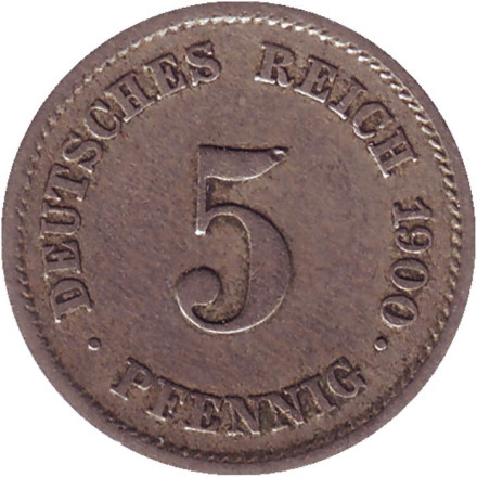Монета 5 пфеннигов. 1900 год (Е), Германская империя.