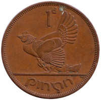Птица. Ирландская арфа. Монета 1 пенни. 1968 год, Ирландия.