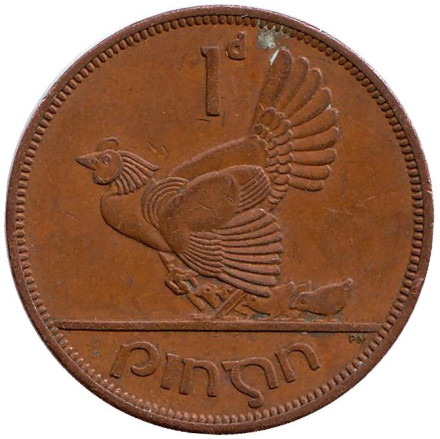 Монета 1 пенни. 1968 год, Ирландия. Птица. Ирландская арфа.