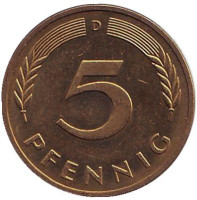 Дубовые листья. Монета 5 пфеннигов. 1994 год (D), ФРГ.