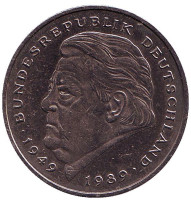 Франц Йозеф Штраус. Монета 2 марки. 1990 год (G), ФРГ.