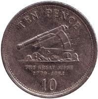 Большая осада Гибралтара. Пушка. Монета 10 пенсов. 2007 год, Гибралтар.